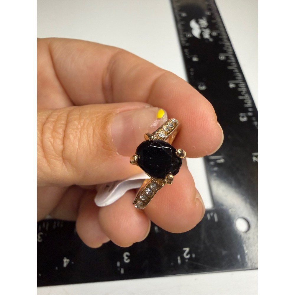 Gold Tone Black Onyx Style Oval Stone Crystal Accent Ring Size 7